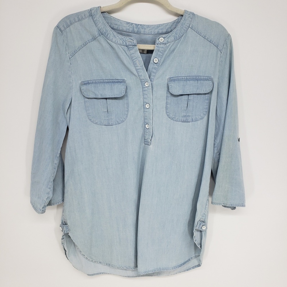 Christopher & Banks Chambray Tunic‎ Top Womens Medium Blue Tencel Cotton Henley